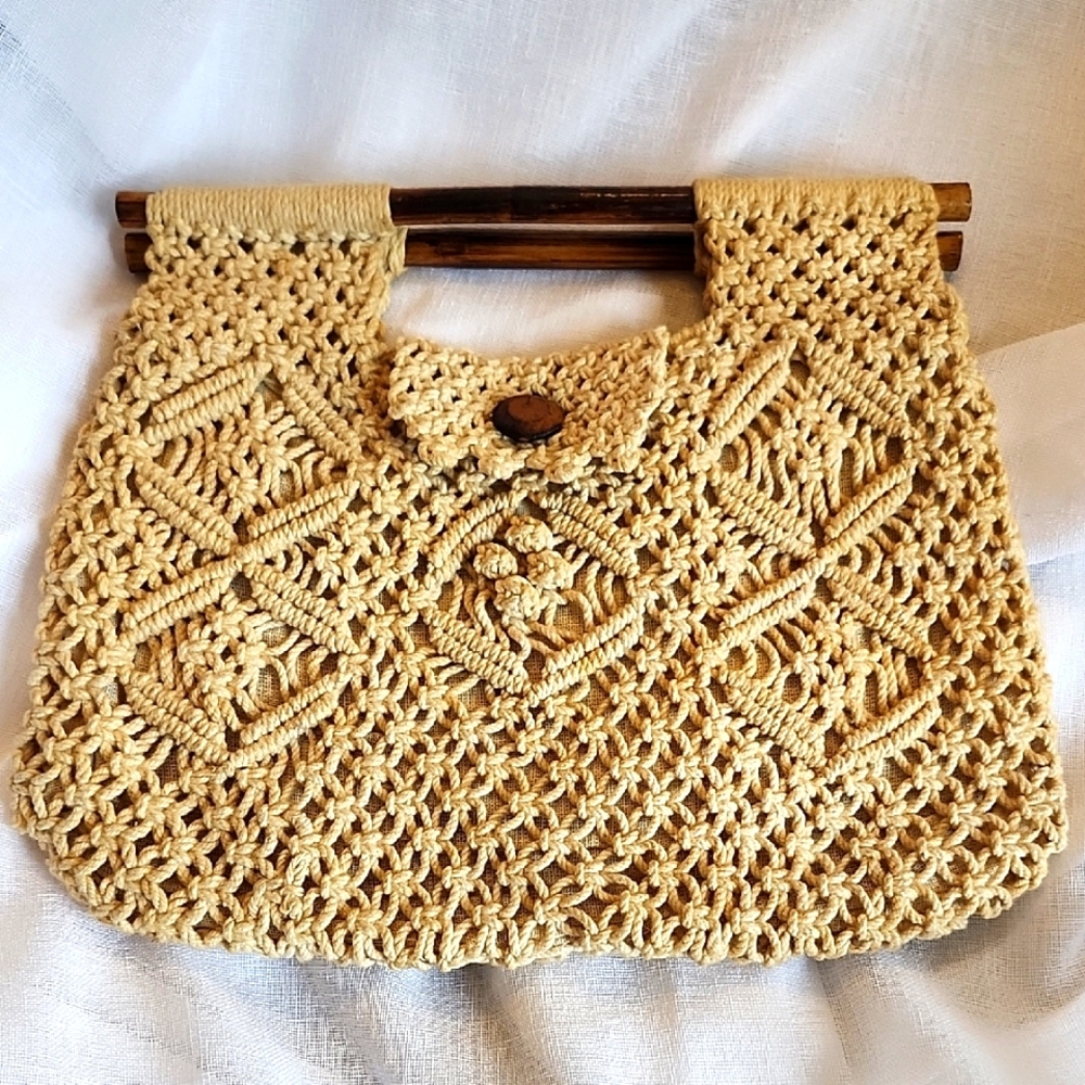 Vintage Handcrafted Beige Crochet Bag with Wooden Handles, $36